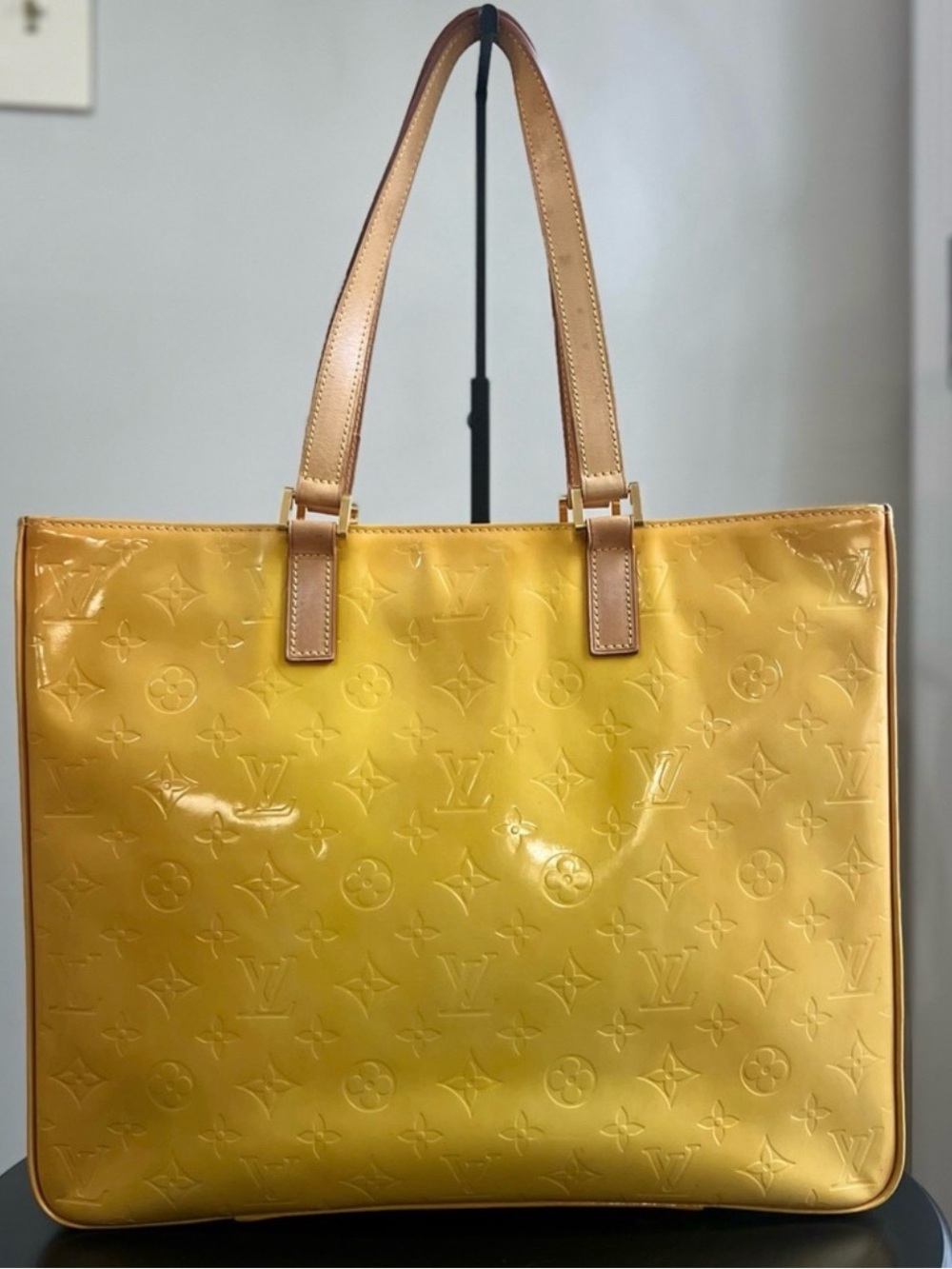 Louis Vuitton Yellow Vernis Embossed Tote with Tan Straps
